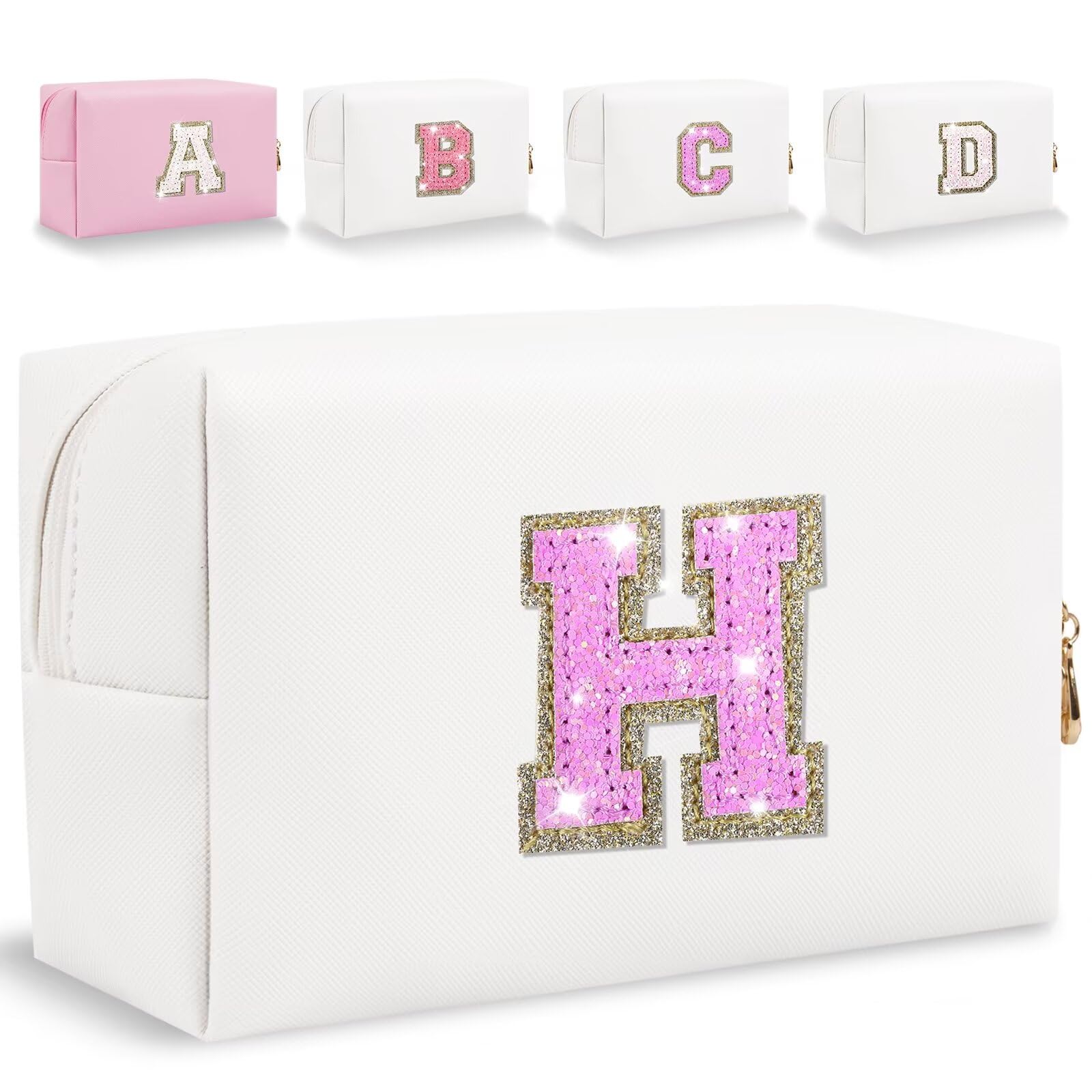 Glitter Initial Letter Makeup Bag, Small Personalized Sequins Letters PU Leather Cosmetic Bag Portable Waterproof Makeup Zipper Pouch, Shine Handbag Organizer Travel Bag Gifts for Women&Girls(White-H)
