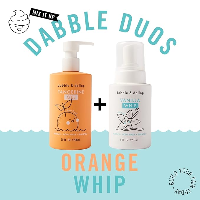 Dabble & Dollop Tangerine + Vanilla Kids 3-in-1 Body Wash, Shampoo & Bubble Bath Bundle – Gel + Foam Whip Set, Tear-Free, Gentle, Natural-Origin, Hypoallergenic and Safe for Sensitive Skin (Pack of 2)