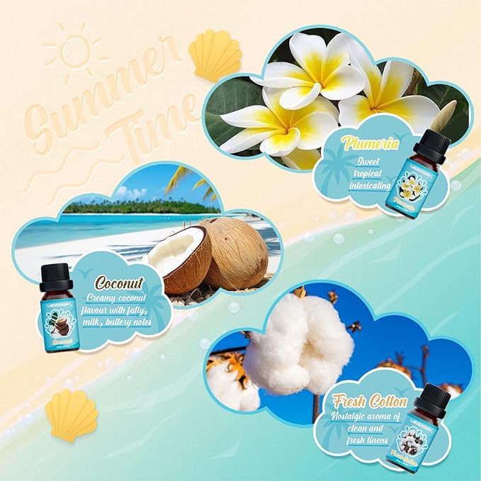 ARVIDSSON Summer Essential Oils Set, Tropical Fragrance Oil for Diffuser, Soap and Candle Making - Ocean Breeze, Pina Colada, Fresh Cotton, Pink Sand, Plumeria, Coconut, Scented Oil for Home