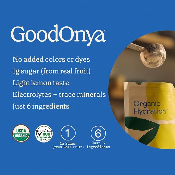 GoodOnya Organic Hydration Electrolyte Drink Mix, Certified Organic Hydration Powder, Non-GMO, Biochecked Glyphosate Free, Low Sugar, Lemonade Flavor, No Artificial Flavors, 42 Servings