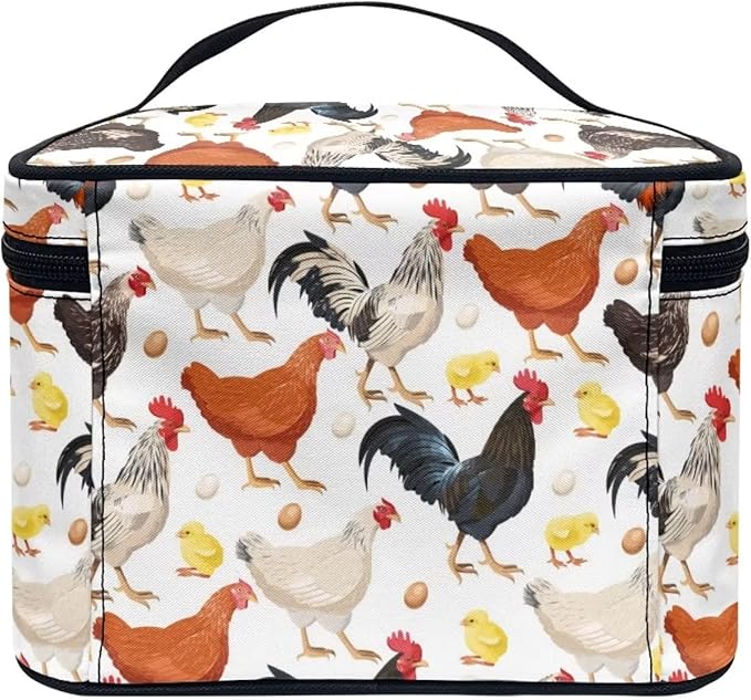 Drydeepin Cute Farm Chicken Rooster Print Travel Makeup Bag for Women Large Capacity Cosmetic Bags with Zipper And Handle Make Up Tote Bags Organizer Portable Brushes Case Toiletry Bags
