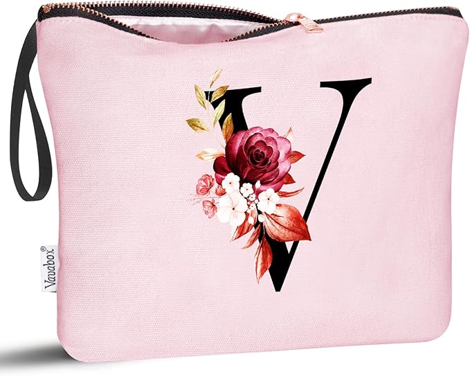 Vavabox A-Z Personalized Makeup Bag, Birthday Gifts for Women Mom, Gifts for Best Friend, Bride Bridesmaid Cosmetic bag (V, 06-Pink)