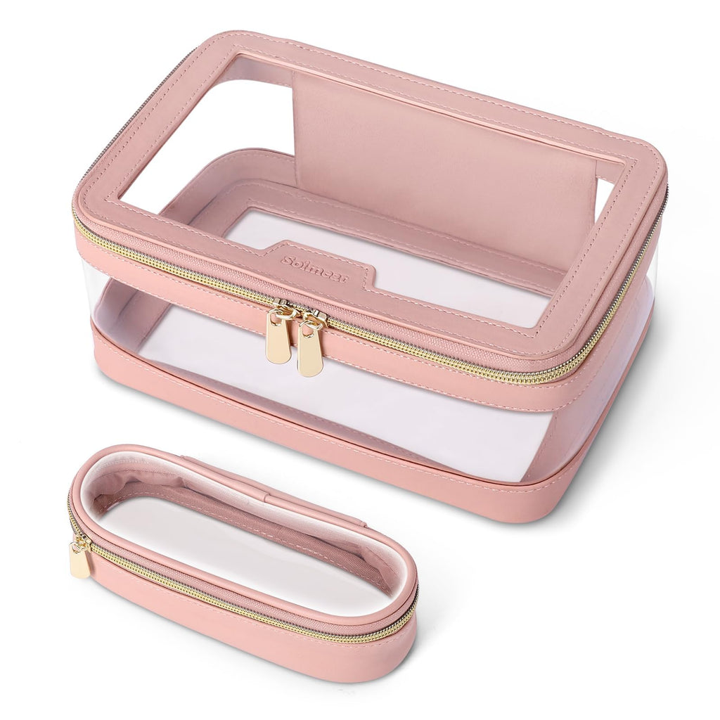 Soimeat Travel Clear Makeup Bag with Makeup Brush Bag, Leather Makeup Case Toiletry Bag, Portable Cosmetic Bag Case, Transparent Waterproof Cosmetic Organizer Storage Bag for Women, Pink