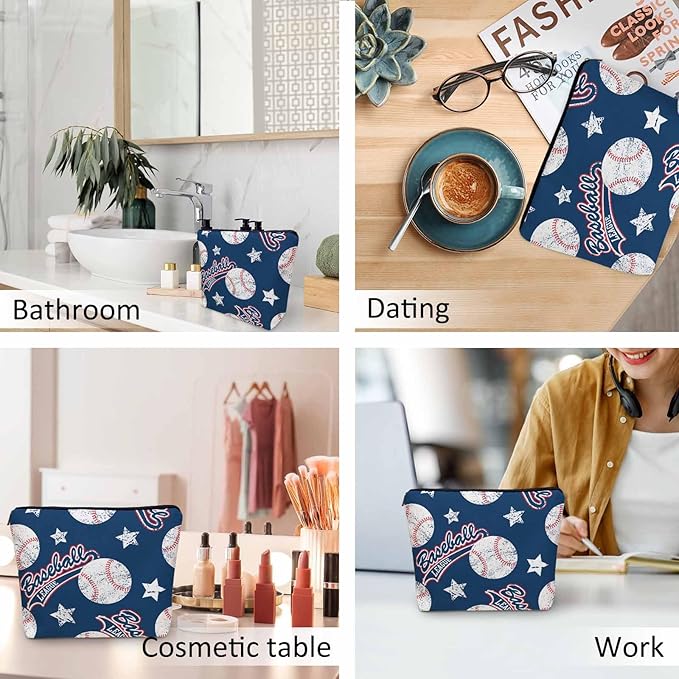 Kalygon Baseball Makeup Organizer Bag Cosmetic Bag For Men Women, Sports Ball Softball Baseball Blue Travel Toiletry Bag Flax Makeup Bags Purse Business Makeup Pouch For Toiletries Cosmetics