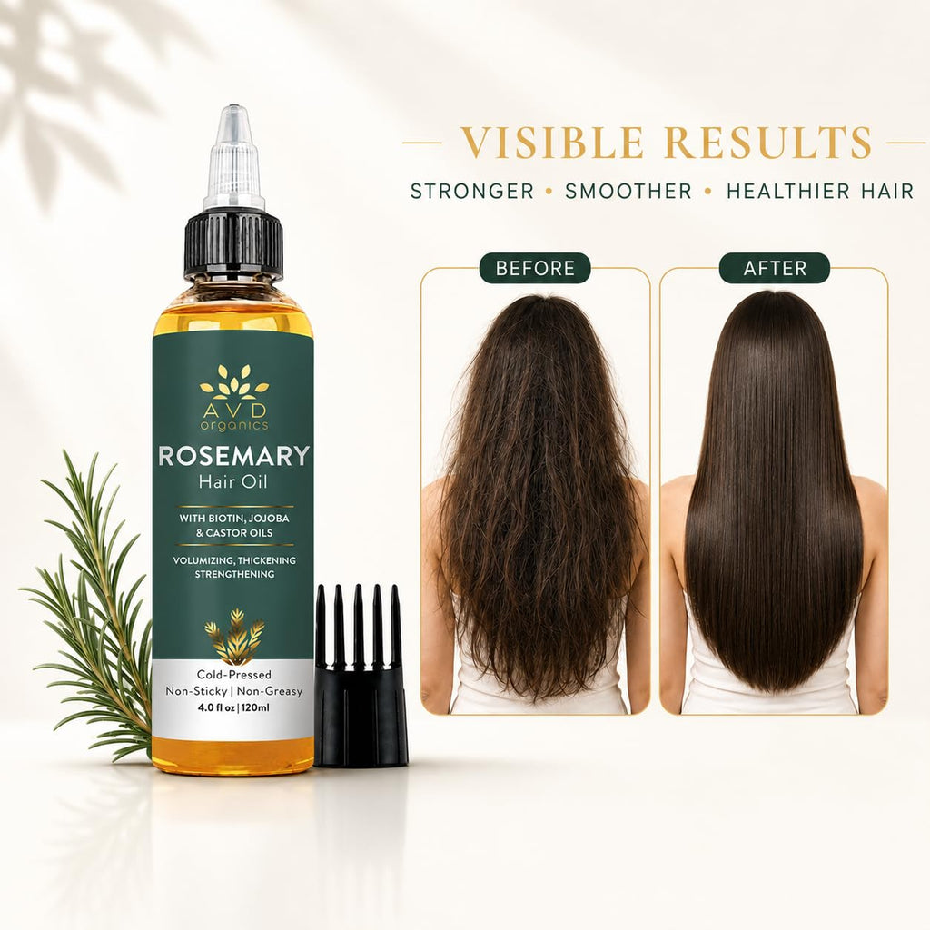 AVD ORGANICS Rosemary Oil for Hair Growth & scalp | Infused with Biotin | Hair Strengthening, Nourishing and Volumizing | infused with Jojoba & Castor Oil | NON - GMO 120ml