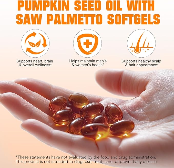 SXOSXO Pumpkin Seed Oil Capsules, 2-in-1 Formula with Saw Palmetto, Cold Pressed Virgin Oil for Hair Growth & Prostate Health, Rich in Essential Fatty Acids & Phytosterols, Non-GMO, 100 Softgels
