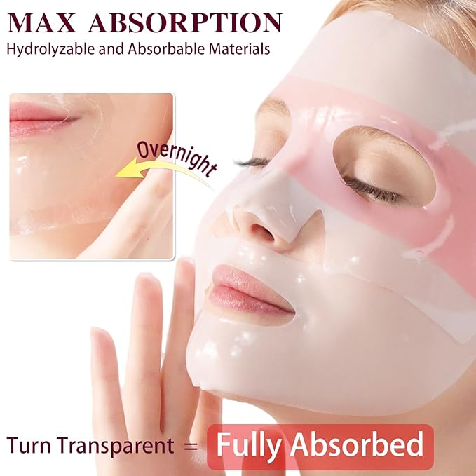 ICIKOL 2-in-1 Collagen Face Mask with Integrated Eye Patches, Anti-Aging Overnight Hydrogel Mask for Glass Skin Glow, Red Ginseng & Peptides for Firming & Hydration, 4 Sheets (Pink)