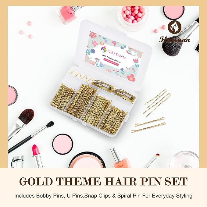 FLAREANN Gold Bobby Pins Set with U Shape Pins, Spiral Pin & Snap Clips