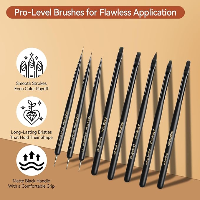 AMilliHiton 8PCS Nail Art Brush Set for Gel Polish & French Tips, Black Wood