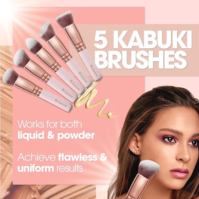 Lamora Kabuki Makeup Brush Set - 10 Essential Face, Eye, Precision Brushes