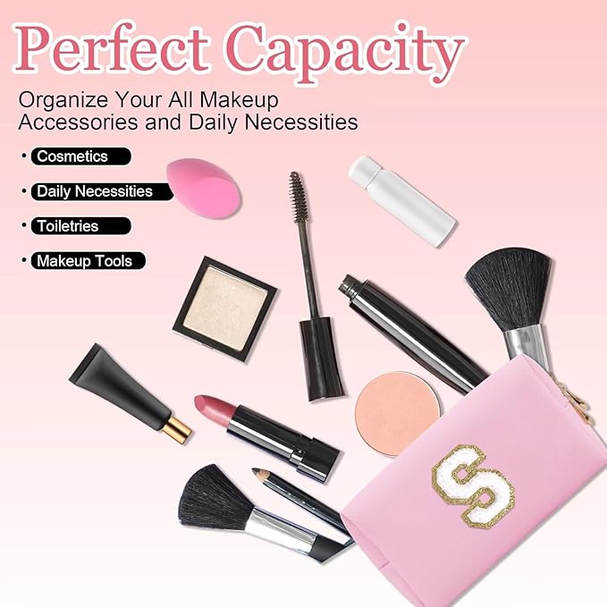 Small Personalized Letter Makeup Bag, Cute PU Leather Chenille Letters Cosmetic Bag Travel Makeup Pouch, Preppy Travel Organizer Zipper Pouch for Women&Girls（Pink-S）