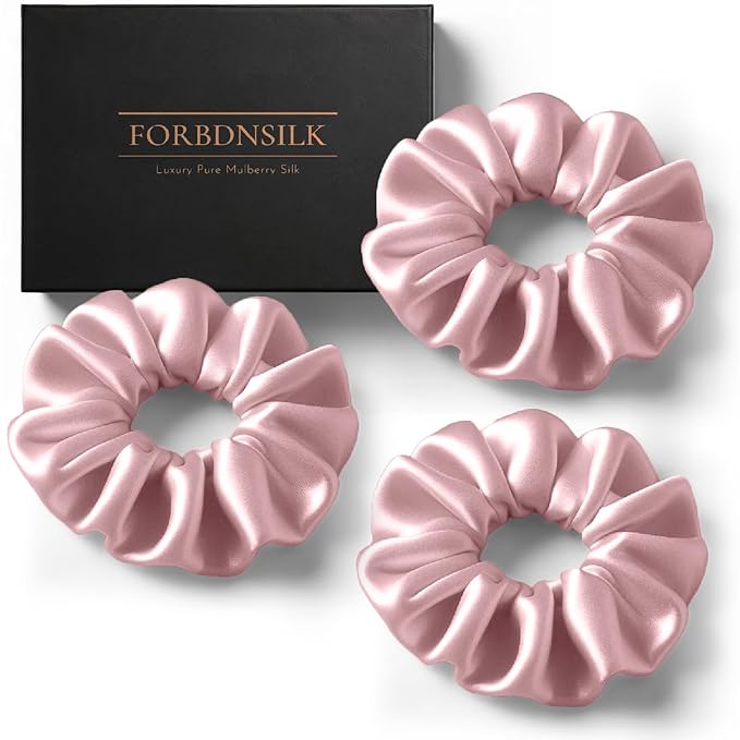 FORBDNSILK 100% Pure 22 Momme Mulberry Silk Scrunchies (Set of 3) | Highest grade (6A) Luxury Hair Ties| (Black,White,Pink) | (Pink, Standard)