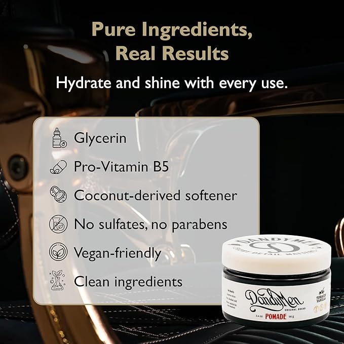 DandyMen Pomade – Strong Hold, High Shine, and Hydrating Formula with Pro-Vitamin B5 – Tobacco Vanilla Scent – 3.4 oz