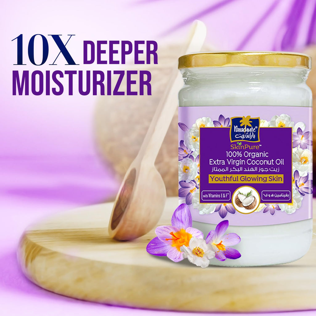 Parachute Advansed SkinPure 100% Organic Extra Virgin Coconut Oil with Vitamin E & F |Face & Body Oil Moisturizer| For Youthful, Glowing Skin| Evens Skin Tone| Cold Pressed | 6.7 fl.oz | Glass Jar
