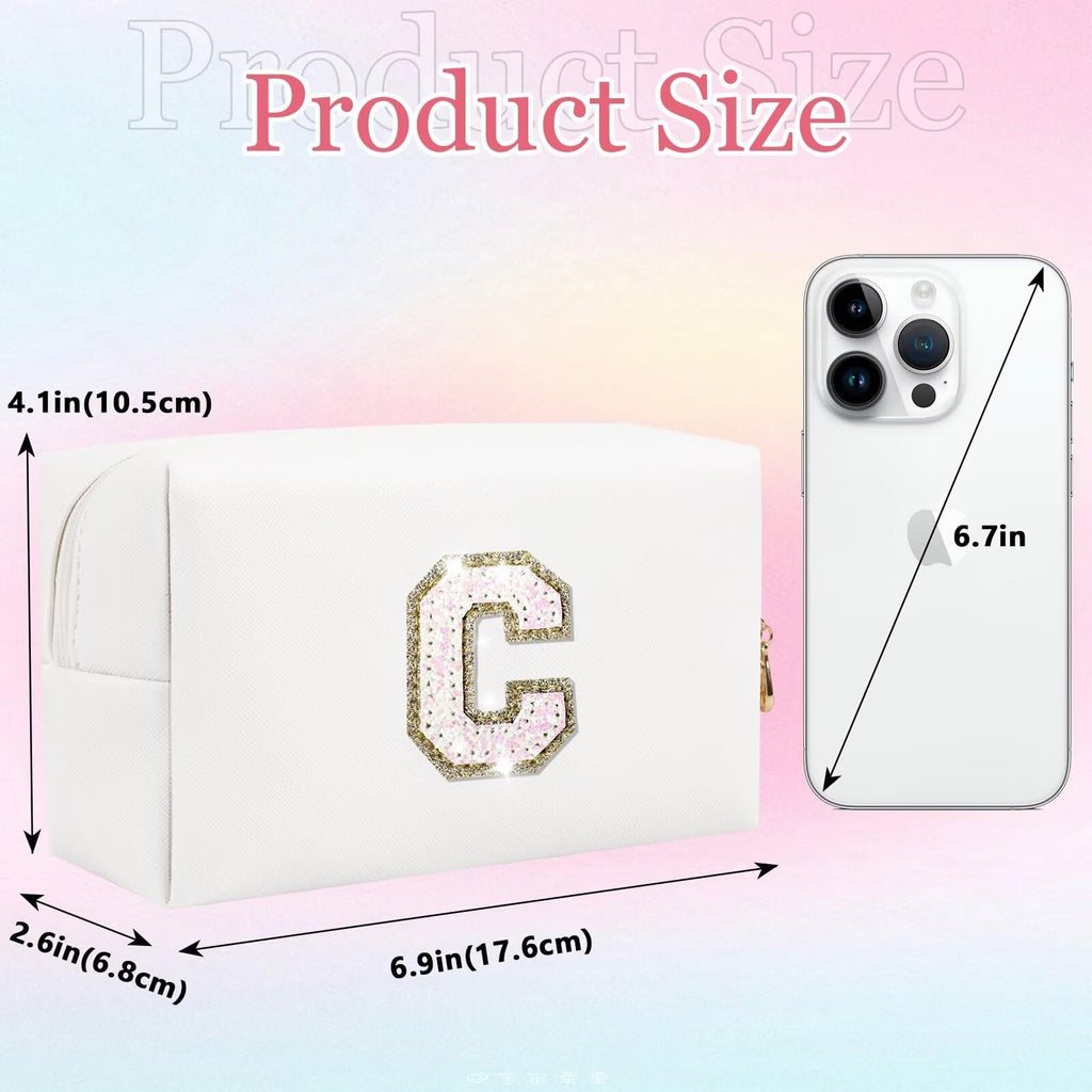 Small Personalized Glitter Initial Letter Makeup Bag, Cute PU Leather Chenille Letters Cosmetic Bag Travel Makeup Pouch, Preppy Travel Organizer Zipper Pouch for Women&Girls（White-I）