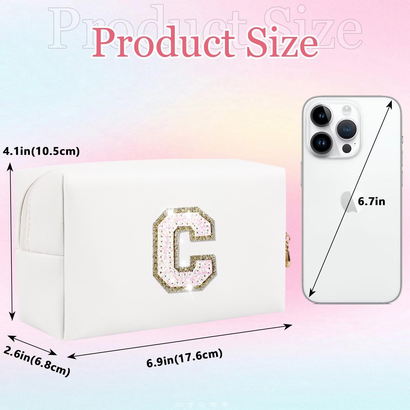 Small Personalized Glitter Initial Letter Makeup Bag, Cute PU Leather Chenille Letters Cosmetic Bag Travel Makeup Pouch, Preppy Travel Organizer Zipper Pouch for Women&Girls（White-I）