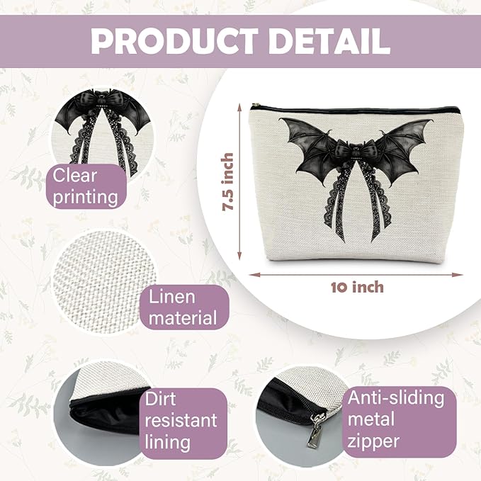RYYCDOI Halloween Coquette Lace Bow Bat Cosmetic Bag - Gothic Black, Girly Makeup Pouch