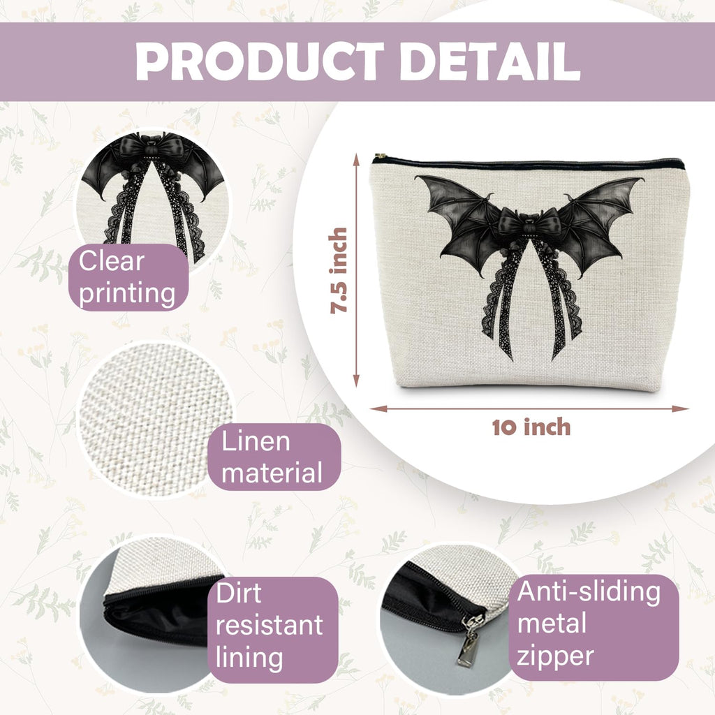 RYYCDOI Halloween Coquette Lace Bow Bat Cosmetic Bag - Gothic Black, Girly Makeup Pouch