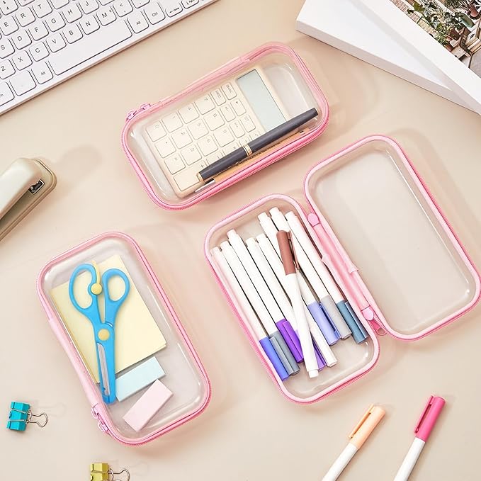 Hoolerry 3 Pcs Clear Hard Zipper Case Hard Plastic Zipper Pouch Makeup Bag Portable Travel Organizer for Cosmetics, Office Supplies, Documents & Toiletries(Pink,S)