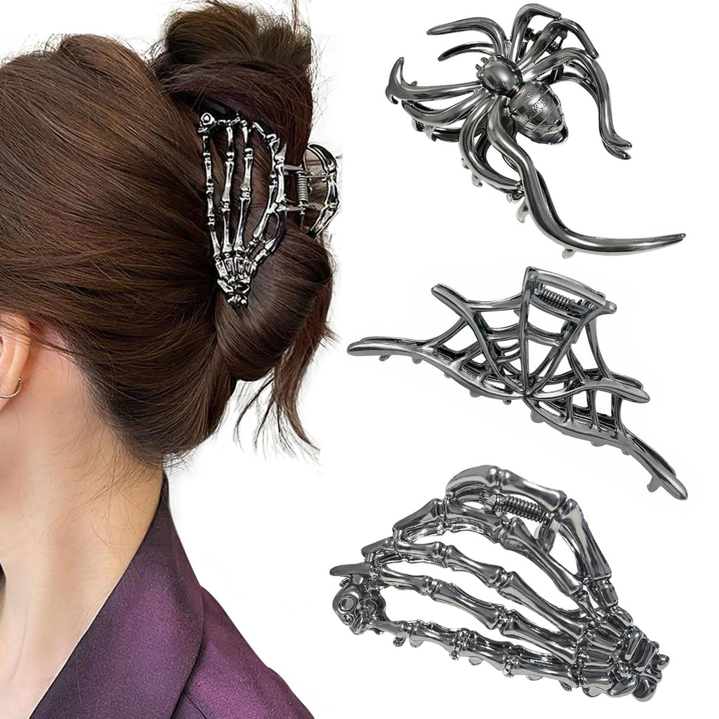 Parcce 3 Pieces Large Metal Spider Net Hand Hair Claw Clips for Women and Girls Thick Long Hair, Nonslip Skeleton Spooky Barrette Headband Hair Styling Accessories for Halloween