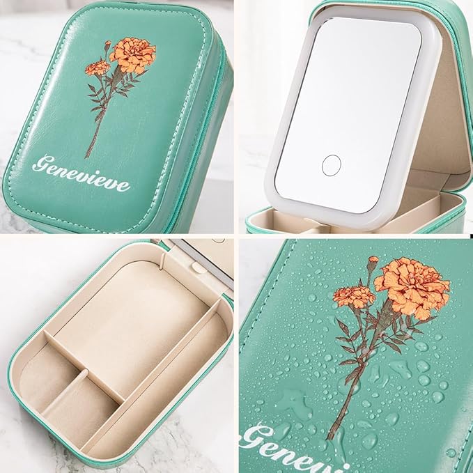 ipetlive Custom Birth Flower Travel Makeup Bag With LED Mirror Leather Personalized Name Makeup Organizer Portable Jewelry Organizer Case Birthday Christmas Gifts For Women Daughter Mother