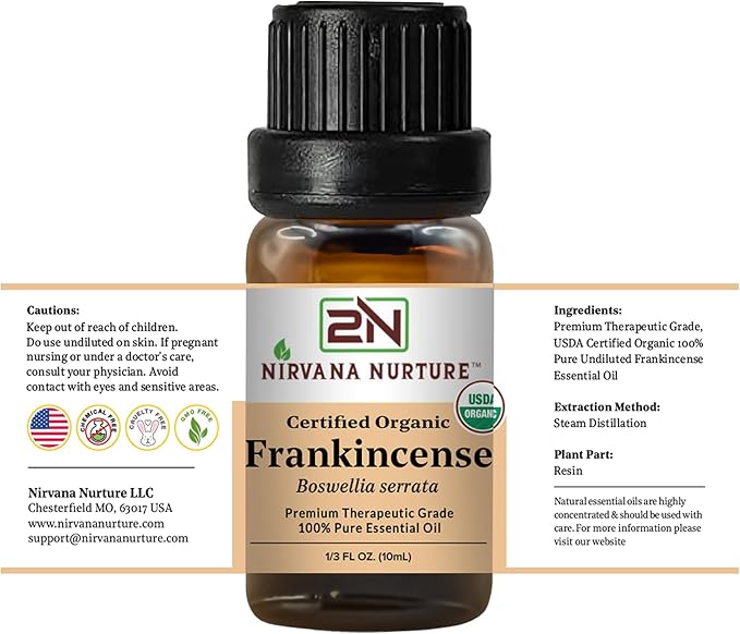 Nirvana Nurture Frankincense Essential Oil, USDA Certified Organic, 100% Pure Undiluted, Aromatherapy Oil for Diffuser, Hair & Skin Care