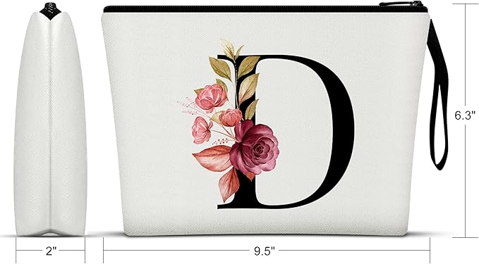 Vavabox A-Z Personalized Makeup Bag, Birthday Gifts for Women Mom, Gifts for Best Friend, Bride Bridesmaid Cosmetic bag (D, 01-White)