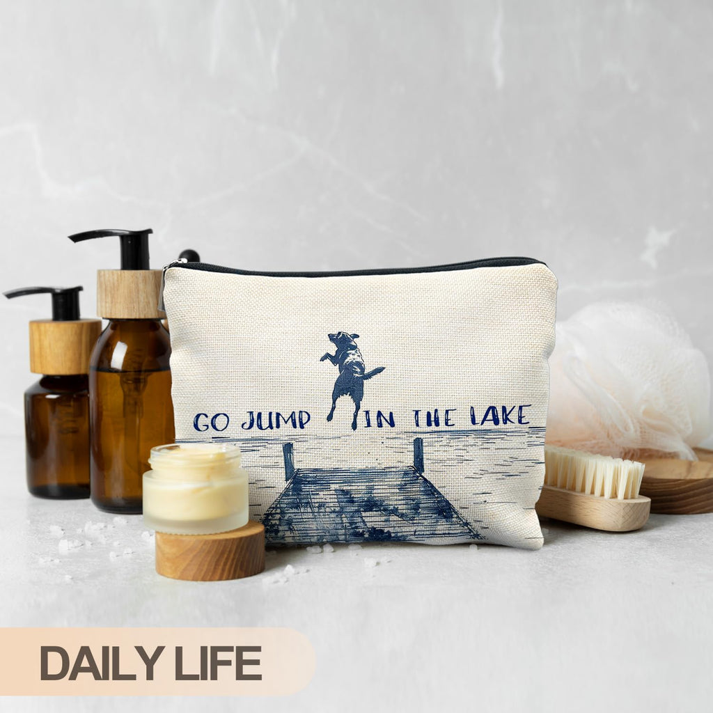RYYCDOI Funny Dog Makeup Bag, Dog Mom Lovers Gifts Cosmetic Bags for Women, Gifts for Lake Lovers, Go Jump in the Lake Funny Dogs Zipper Makeup Pouch