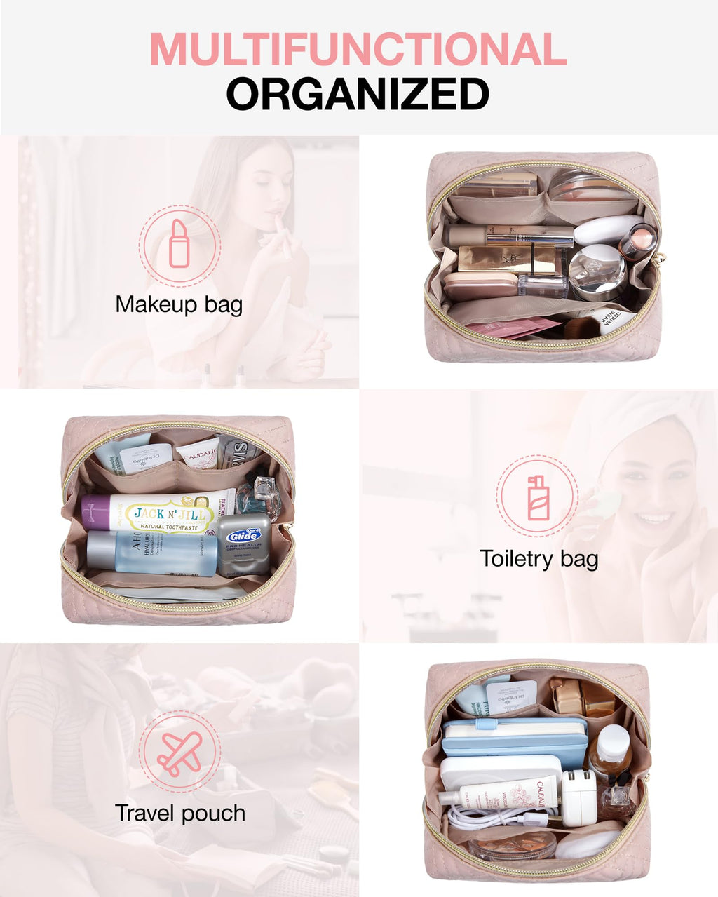 BAGSMART Small Makeup Bag, Compact Cosmetic Pouch for Women for Purse, Travel Toiletry Organizer with Wide Open Design, Pink