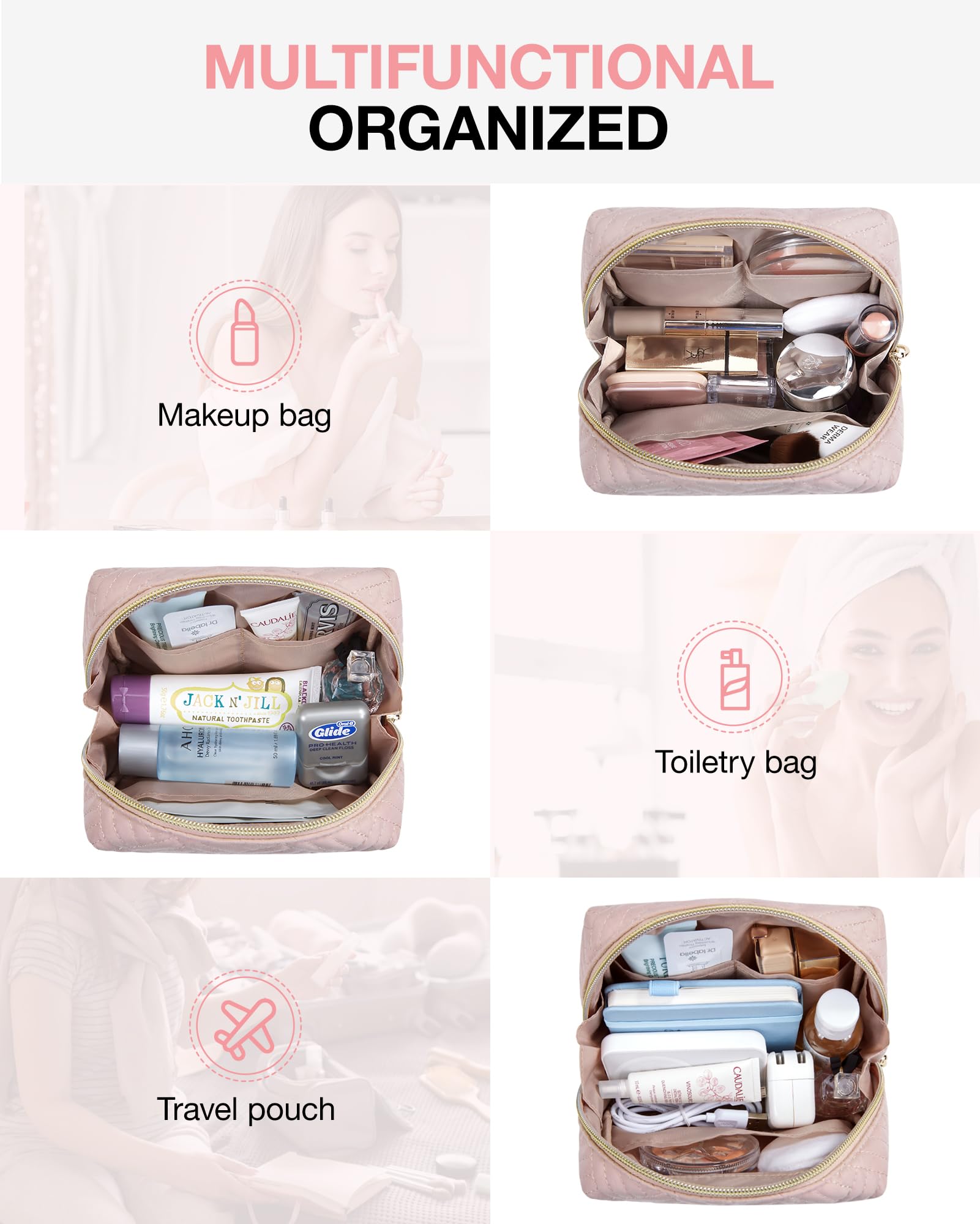 BAGSMART Small Makeup Bag, Compact Cosmetic Pouch for Women for Purse, Travel Toiletry Organizer with Wide Open Design, Pink