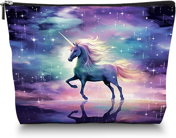 Scribesense Makeup Bag Travel Cosmetic Bags Small Makeup Case Waterproof Zipper Pouch for Women Girls 7X9inches - Unicorn in A Starry And Cloudy Background