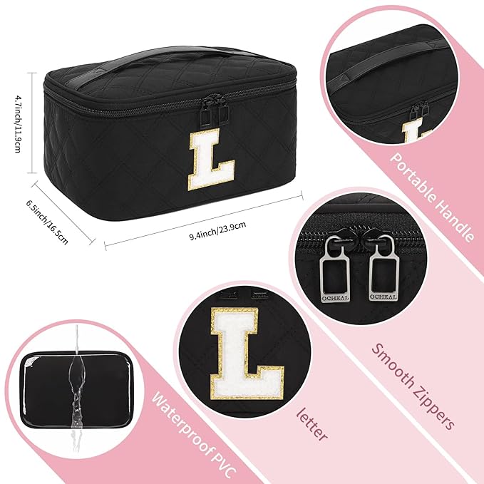 OCHEAL Makeup Bag for Women, Monogram Cosmetic Bag Black Travel Makeup Case Beauty Toiletry Bag Organizer Personalized Gifts for Girls Bridesmaid, Sister, Wife, Friends Initial L