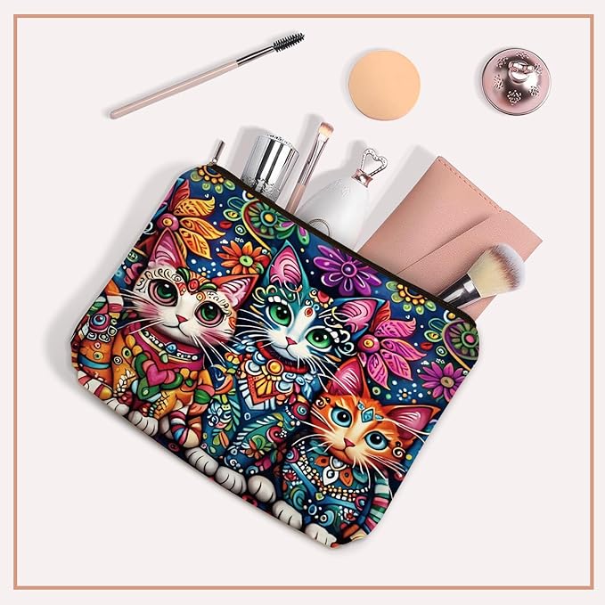 Girlly Bohemian Cat Mom Makeup Bag For Women & Teen Girl Cat Lover Gifts. Cute Boho Cats Themed Cosmetic & Toiletry Organizer Pouch For Daughters, Sisters, Friends.Ideal Gift For Travel, Christmas.