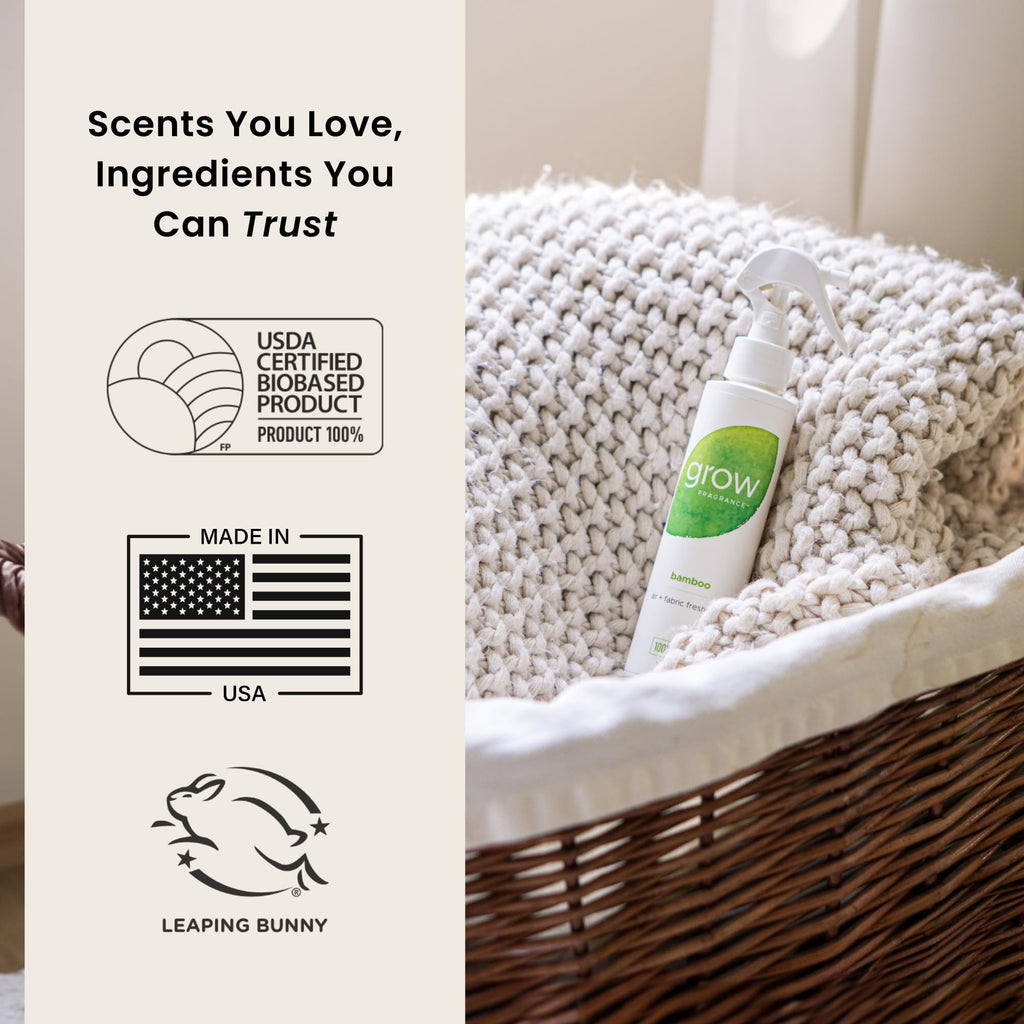 Grow Fragrance Scented Fabric and Room Air Freshener Spray - Certified Non-Toxic, 100% Plant-Based Essential Oils - 5 oz (Bamboo 2-Pack)