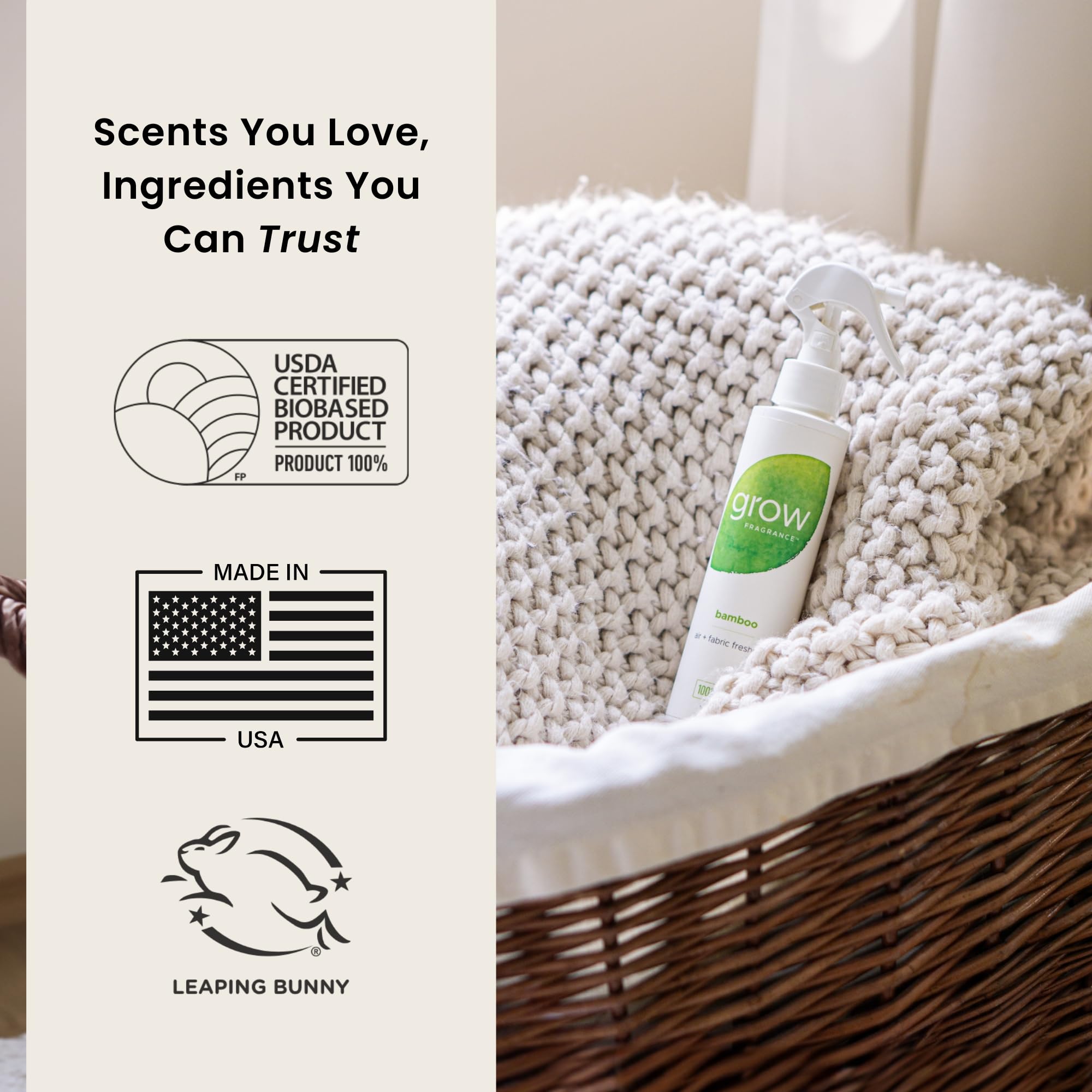Grow Fragrance Scented Fabric and Room Air Freshener Spray - Certified Non-Toxic, 100% Plant-Based Essential Oils - 5 oz (Bamboo 2-Pack)