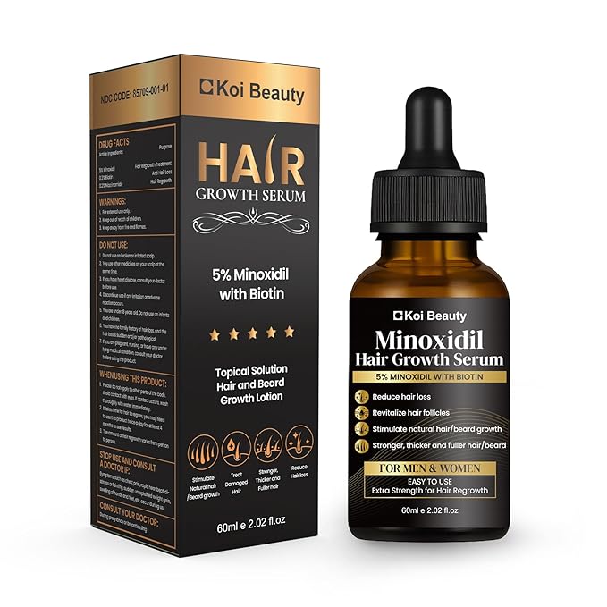 Koi Beauty 5% Minoxidil for Men & Women Hair Growth, Beard Growth, Hair Loss Treatment, Unisex Adult, Unscented Serum with Biotin - 60ml/2.02oz
