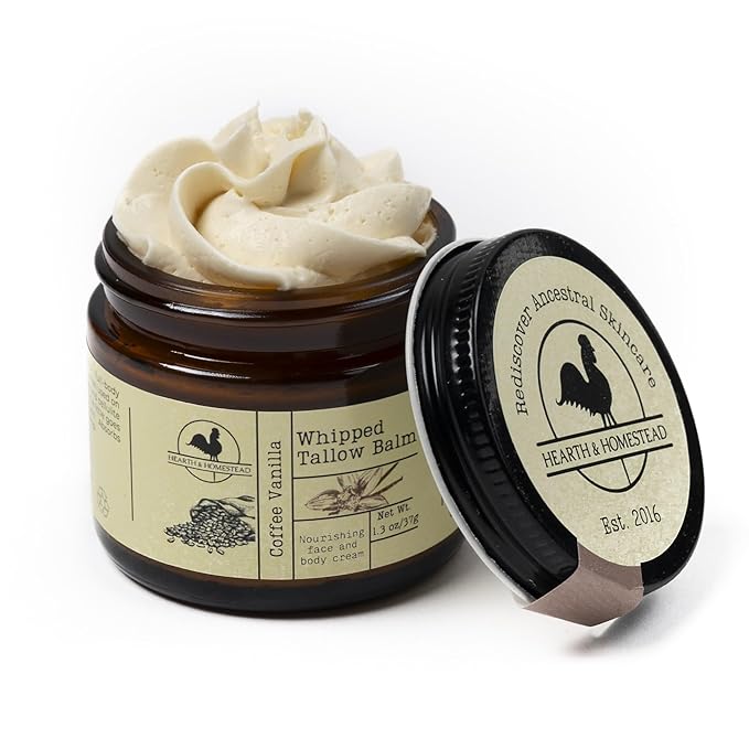 Hearth & Homestead Whipped Beef Tallow for Skin & Face - 100% Grass Fed, Eczema Cream & Body Butter, Organic Olive Oil, Calendula & Rose, Lotion & Hand Moisturizer for Dry Skin, Coffee Vanilla, 1.3oz