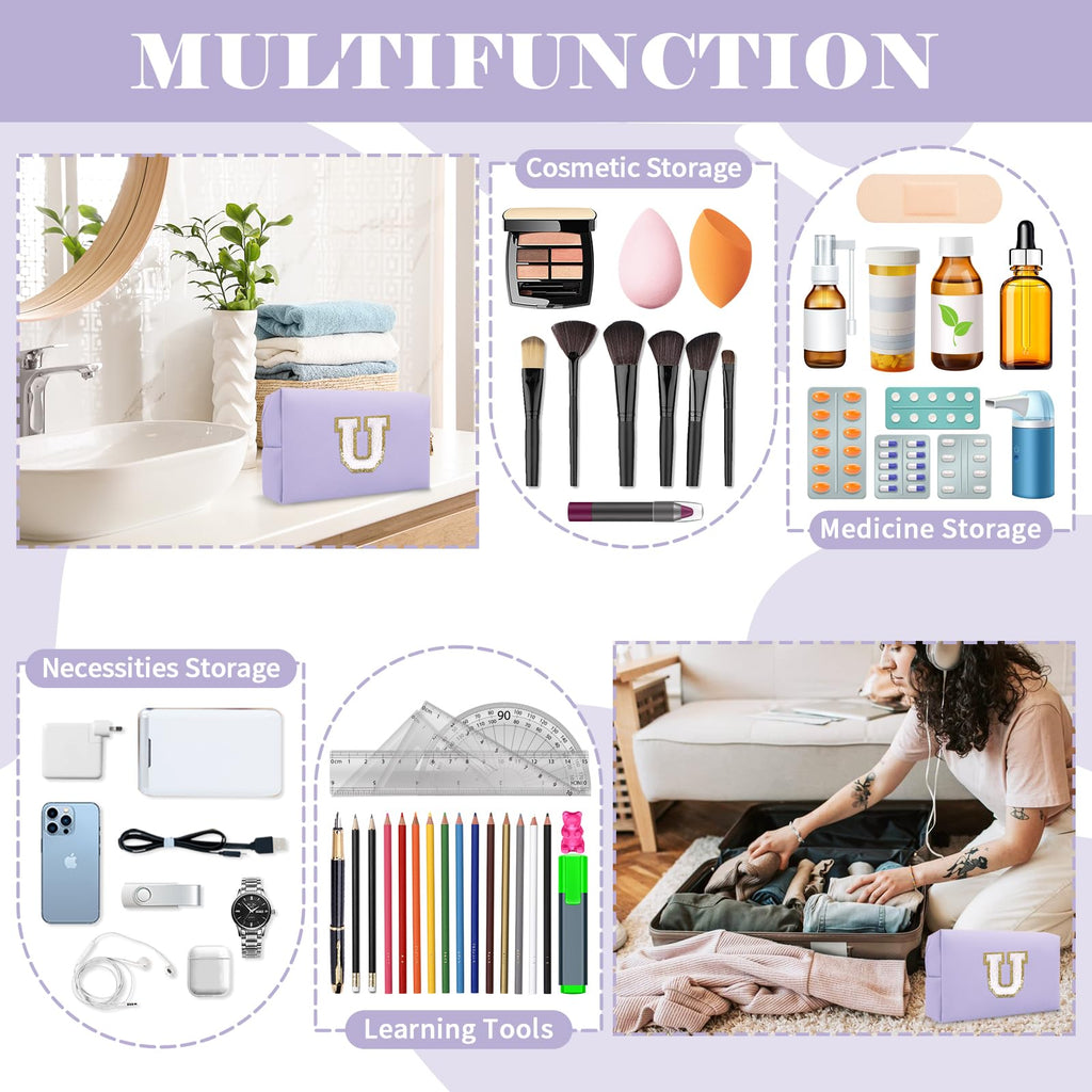 Personalized Makeup Bag Initial A-Z Preppy Patch Bag,Small PU Leather Travel Cosmetic Bag Pouch with Zipper,Purple Cute Toiletry Bag,Gift Ideal for Teen Girls Women Birthday Friend Mom,Latter U