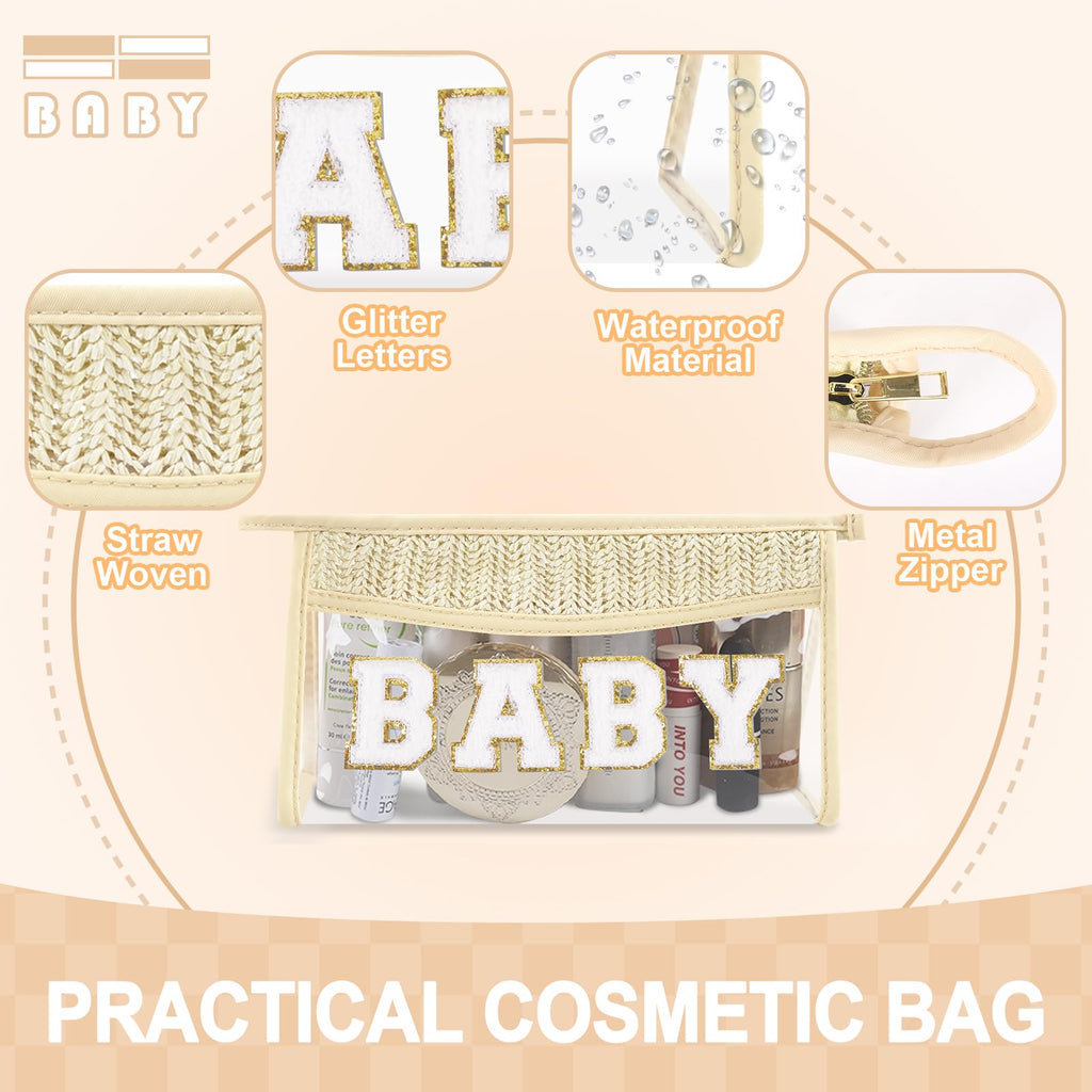 Small Boho Straw Clear Baby Makeup Bags for Women&Girls, Zipper Cosmetic Bag Chenille Varsity Letter Patch Bag, Preppy Cute Toiletry Pouch, Trendy Organizer Storage Bag for Beach Travel Essentials