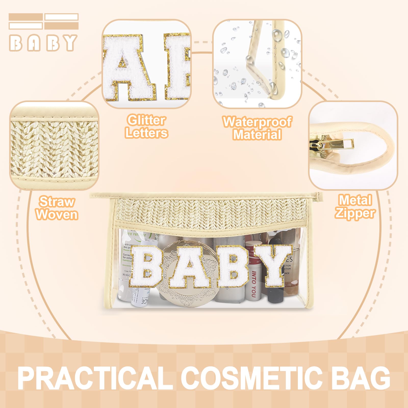 Small Boho Straw Clear Baby Makeup Bags for Women&Girls, Zipper Cosmetic Bag Chenille Varsity Letter Patch Bag, Preppy Cute Toiletry Pouch, Trendy Organizer Storage Bag for Beach Travel Essentials