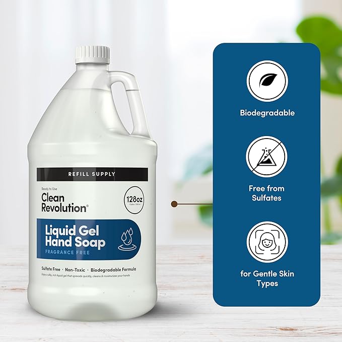Clean Revolution Liquid Gel Hand Soap Refill with Real Essential Oils – Sulfate-Free Gel Hand Wash, Moisturizing Bulk Refill, Non-Toxic Formula, Made in the USA (Spring Air) 128 Fl Oz