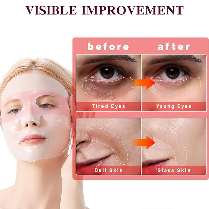 ICIKOL 2-in-1 Collagen Face Mask with Integrated Eye Patches, Anti-Aging Overnight Hydrogel Mask for Glass Skin Glow, Red Ginseng & Peptides for Firming & Hydration, 4 Sheets (Pink)