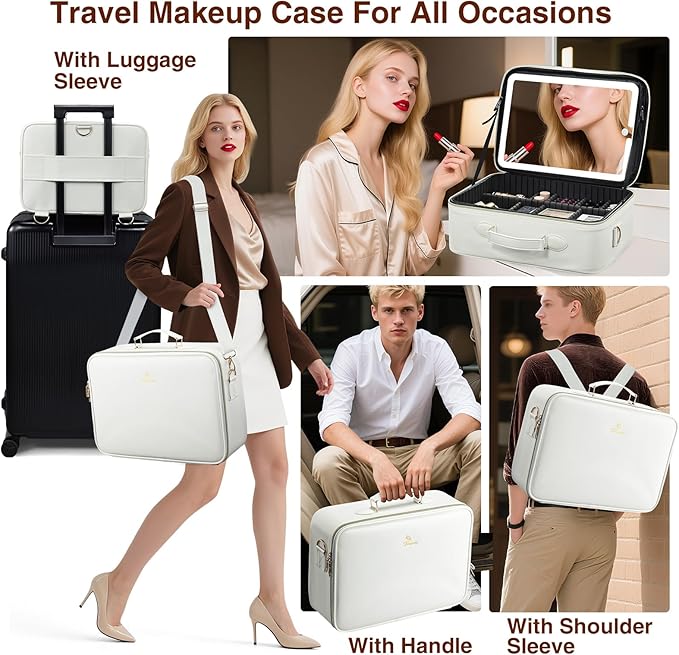 Faquenc Large Makeup Bag with LED Mirror,15”Cosmetic Train Case for Makeup Artists,Travel Makeup Organizer Case w Divider Rechargeable Vanity Mirror with 3 Color Lights for Barber,MUA,Nail Tech, Beige