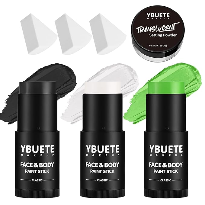 YBUETE Black White Light Green Face Body Paint Stick Set for Halloween SFX