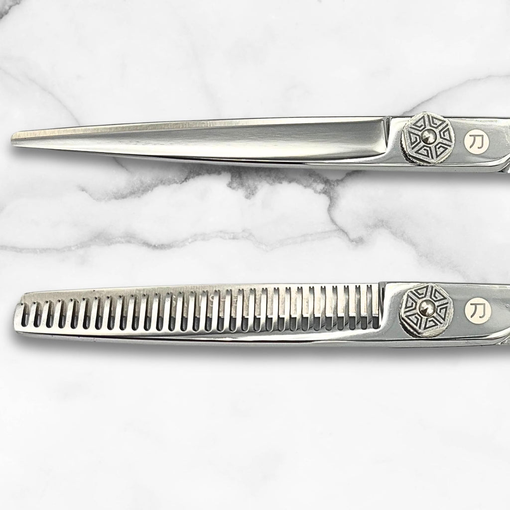 Saki Shears 6 Inch Set of Hair Cutting and Thinning Scissors With Flower Design on Handle and Finger Holes - 440C Stainless Steel - Professional Hair Cutting Set (Silver)