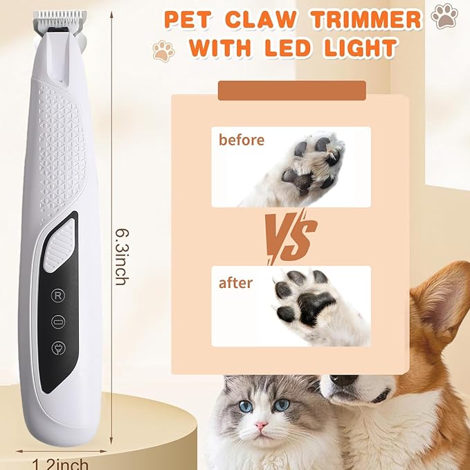 JNEKWOZ Professional Dog & Cat Trimmer - Quiet Electric Pet Grooming Kit for Ears/Eyes/Paws with LED Light - Cordless Battery-Powered Fur & Nail Clipper for Small/Large Breeds(White)