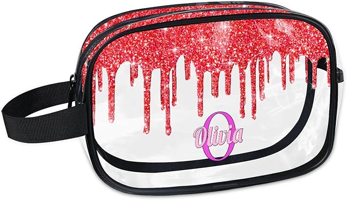 KFNHN Custom Clear Travel Cosmetic Bag with Name, Personalized Transparent Large Capacity Weekend Toiletry Bag Portable Bathroom Makeup Organizer, Shiny Sparkly Fluid Shape Red Glittering