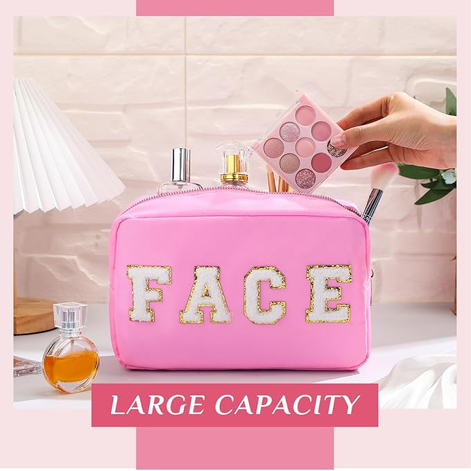 Remerry 4 Pcs Nylon Makeup Bags Waterproof Spacious Travel Cosmetic Bag for Women Chenille Letter Preppy Zipper Pouch Face Stuff Skin Hair Organizer Gift(Rose Red, Pink, Light Pink, White)