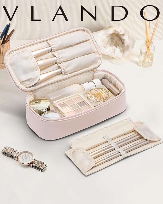 VLANDO Makeup Bag for Toiletries with Separate Brush Storage,Apricot Pink
