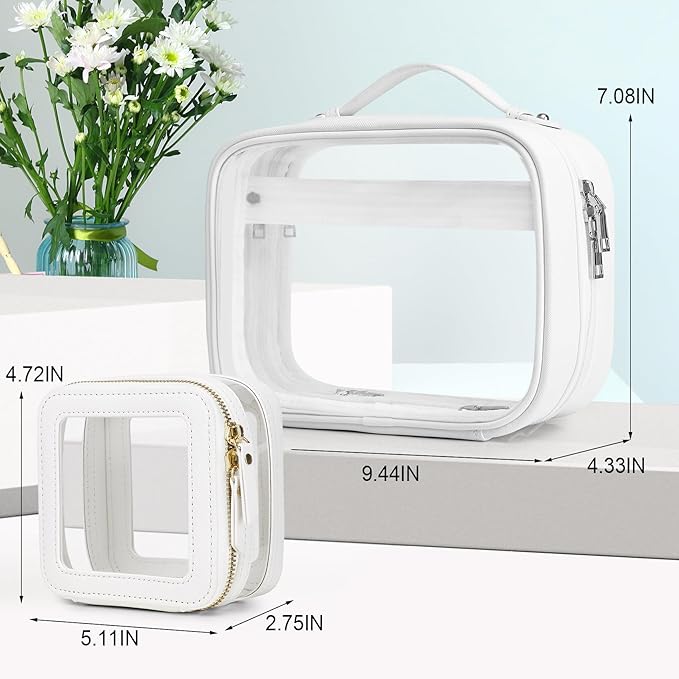 Pinkmik Travel Makeup Bag Set Portable Clear Cosmetic & Toiletry Case Women's Purse Organizer and Car Essentials with Zipper (White, L+MINI)
